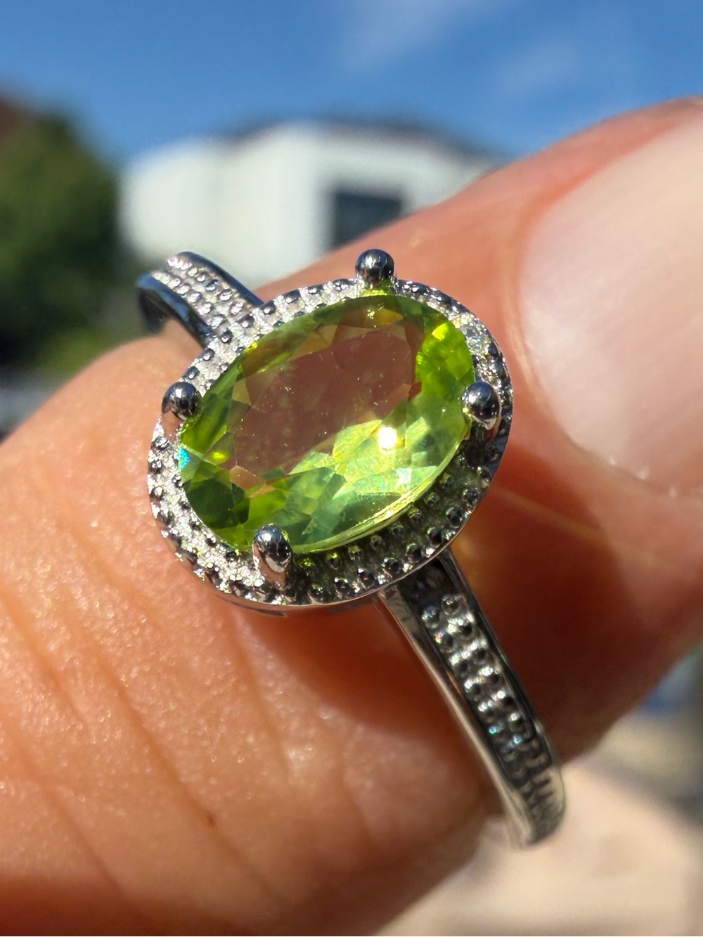 Sterling Silver Peridot Diamond Halo Ring - Vibrant Green Size 7